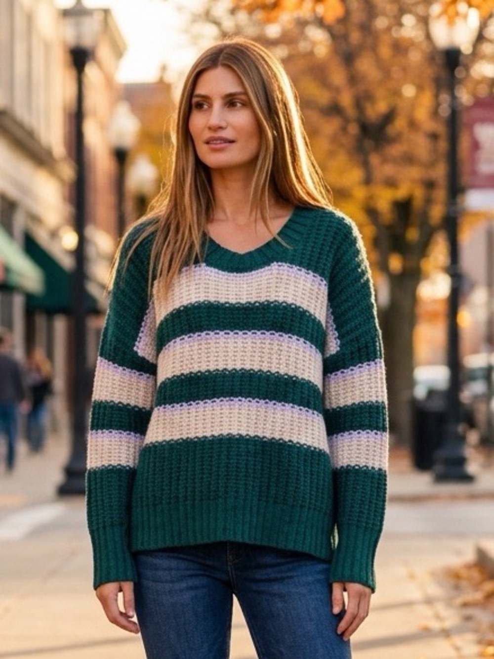 OFFLINE by Aerie Green Striped Chunky Knit Sweater Medium